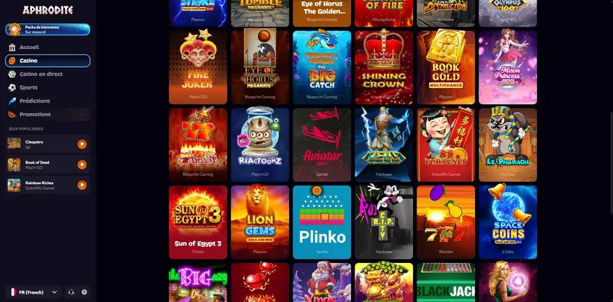 Catalogue de jeux d'Aphrodite Casino filtré par fournisseur et par catégorie