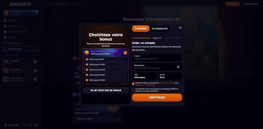 Page d'accueil d'Aphrodite Casino avec le lobby des jeux et le menu principal