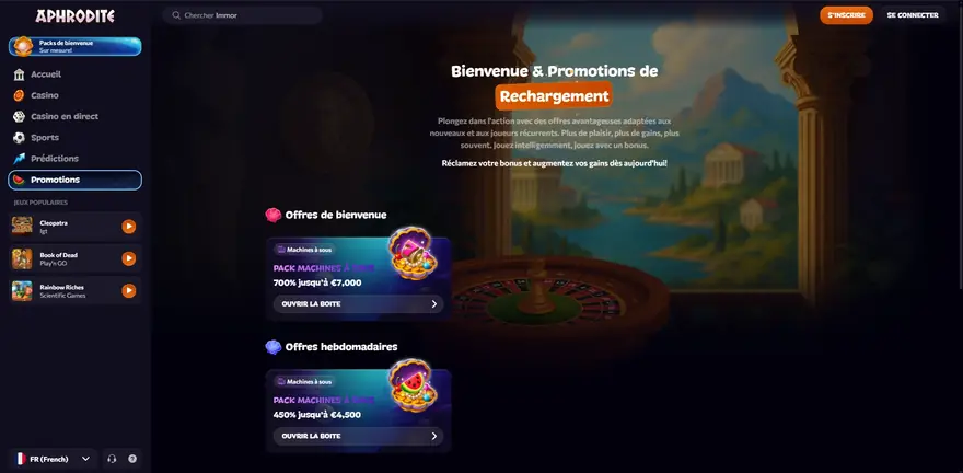Section promotions d'Aphrodite Casino avec les bonus de rechargement et le cashback